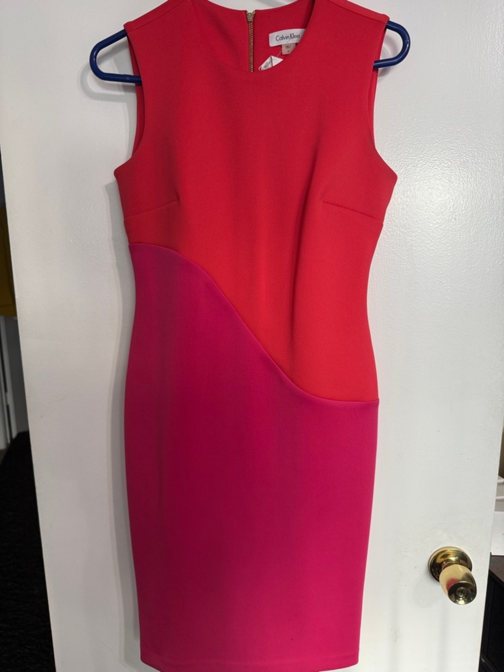 Calvin Klein Red and Magenta Colorblock Midi Sheath Dress